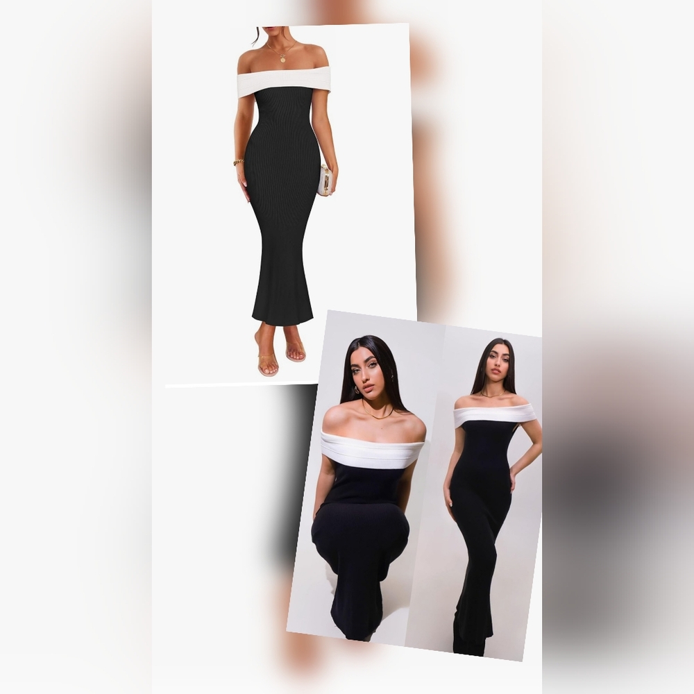NWT Zesica Black and White Off-Shoulder Maxi Dress